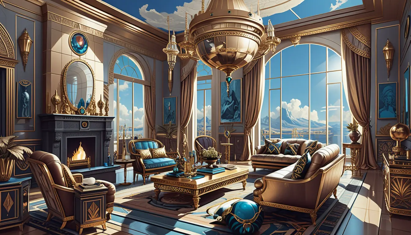 Interno di villa dark fantasy con decorazioni mistiche ornate