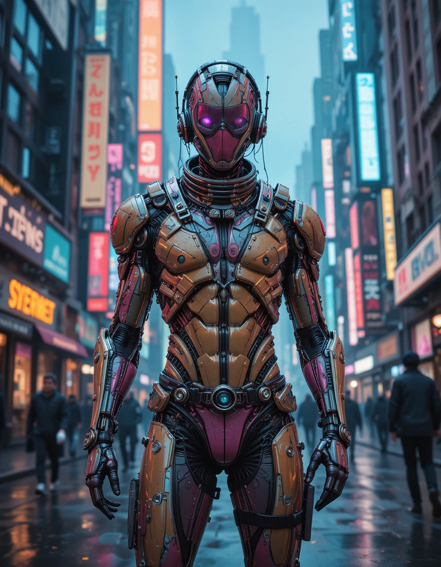 Uomo cyborg che posa in una strada al neon di metropoli cyberpunk