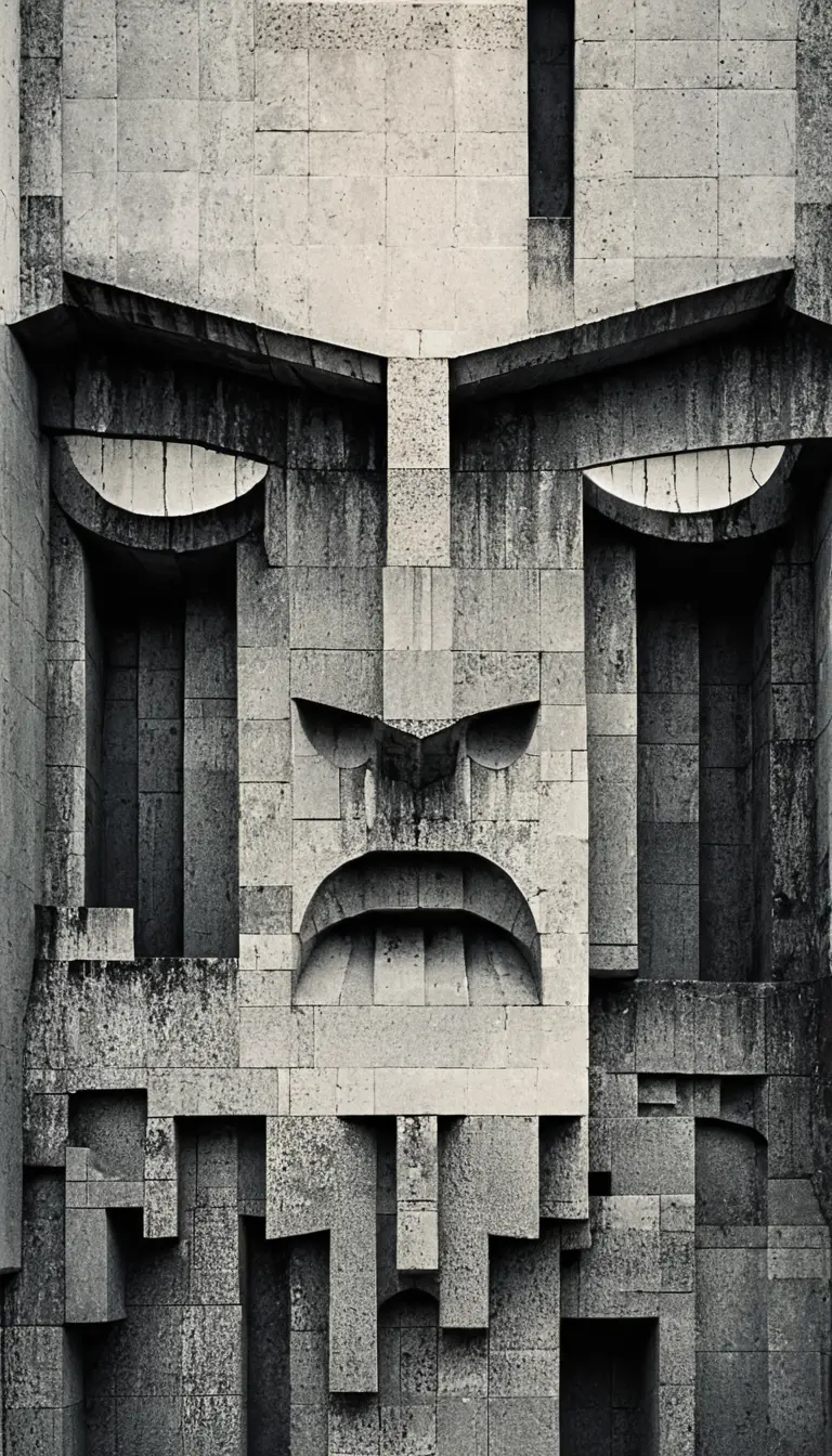 Monumental brutalist concrete facade forming a human face
