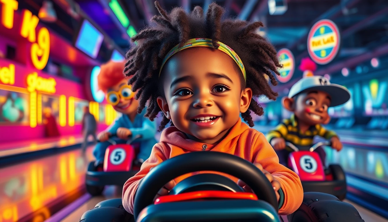 Smiling child in neon cartoon nightclub scene