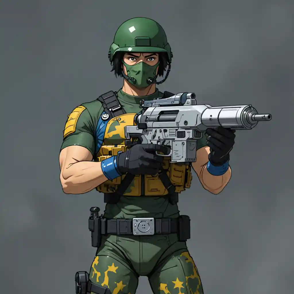 Soldado de anime com armadura verde e blaster de laser futurista