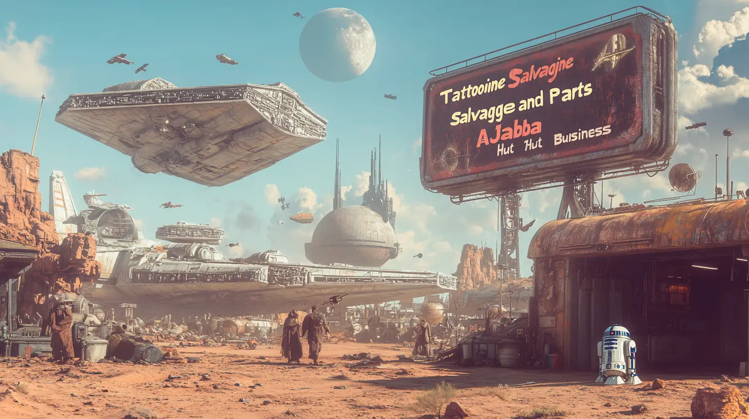 Cimetière de vaisseaux spatiaux sur une planète désertique avec des jawas en maraude