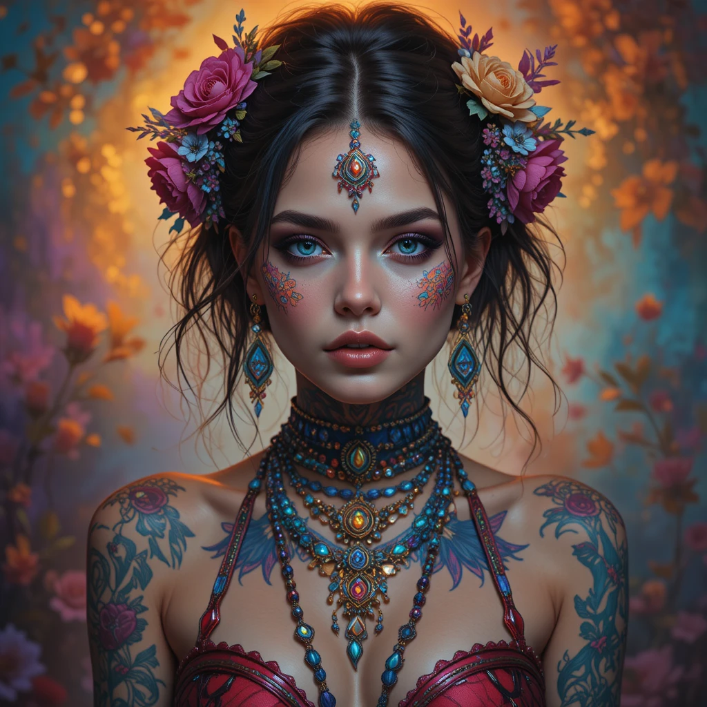 Mulher livre e espirituosa com tatuagens e joias vibrantes