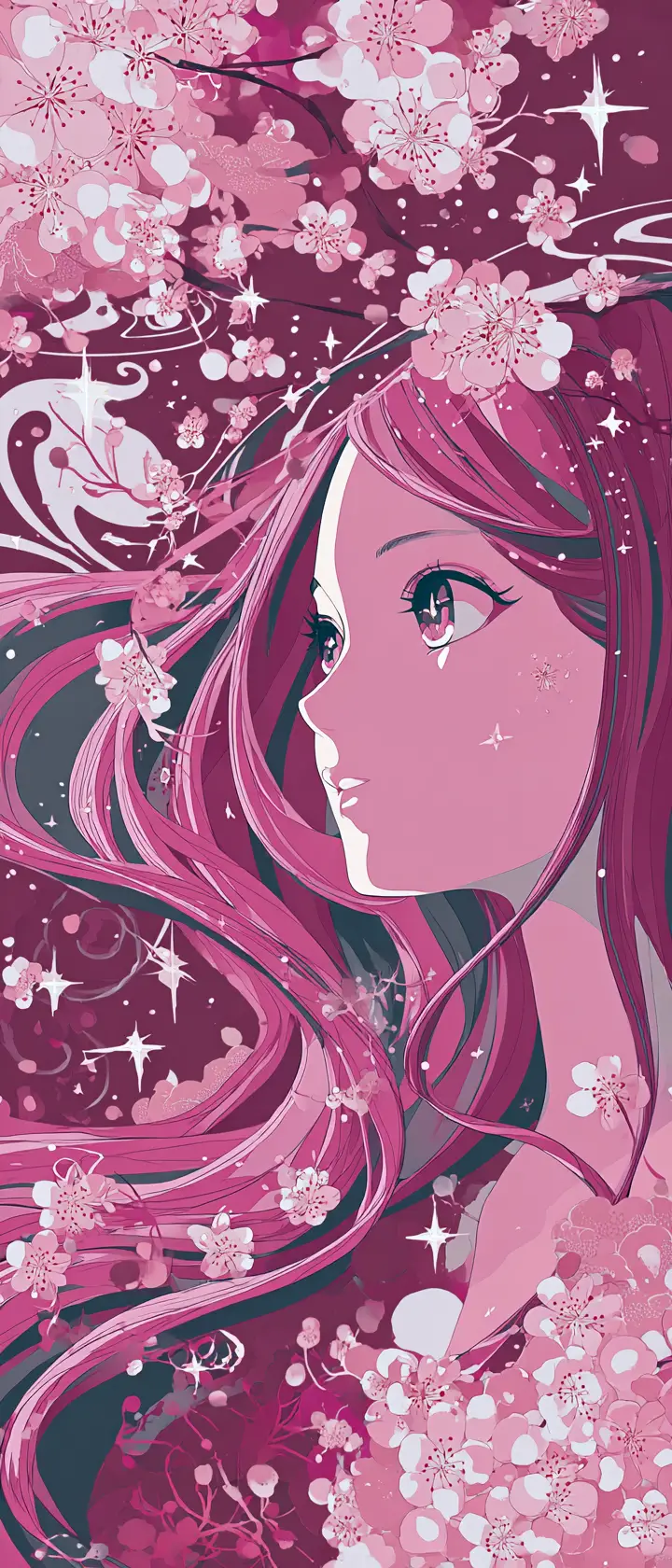 Cantante idol anime con fluenti capelli color fiore di ciliegio
