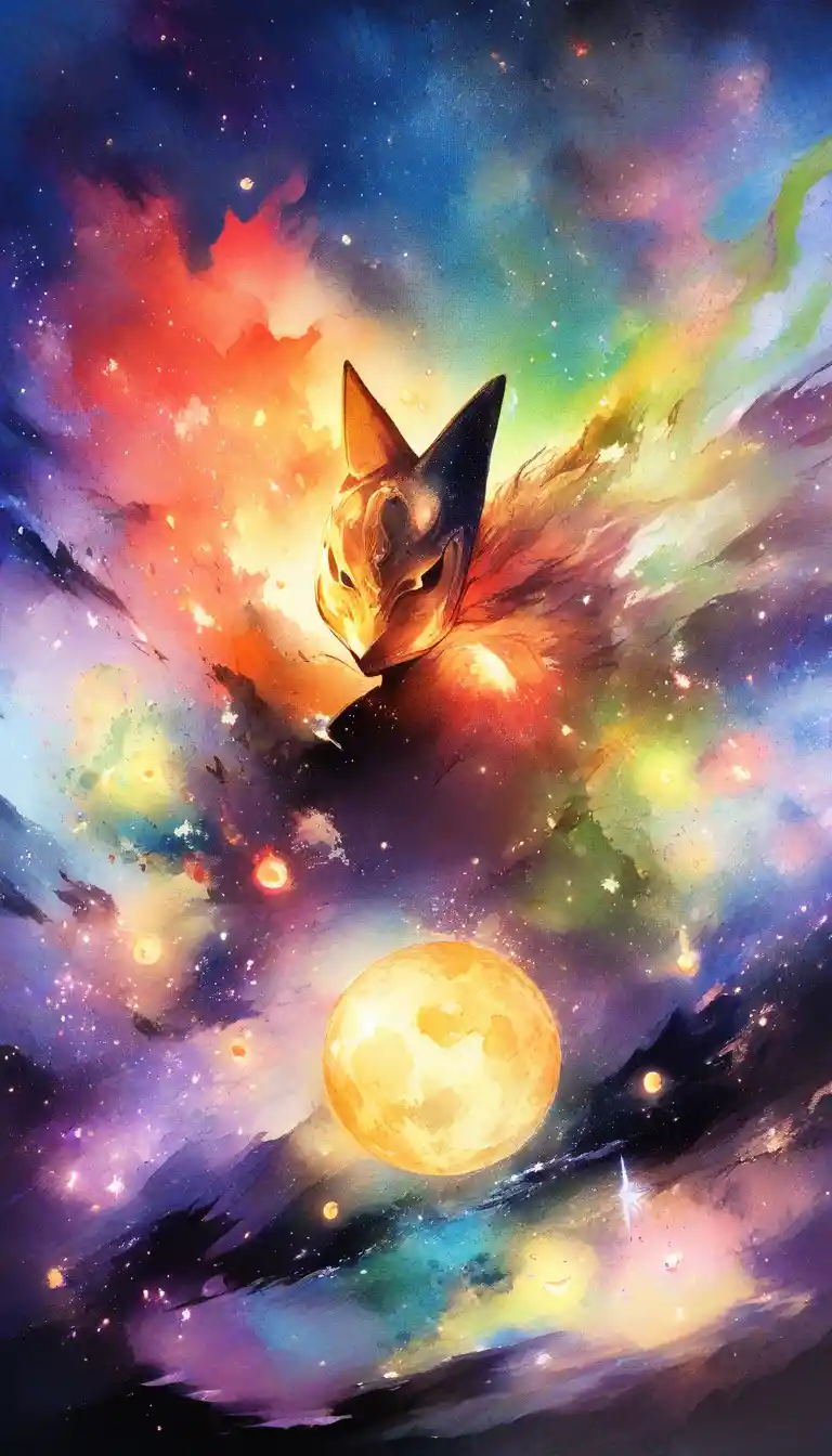 Mystical fox spirit in a moonlit watercolor night