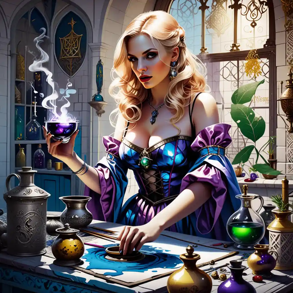 Blonde moderne Hexe, die Tränke in einem bunten Magieladen braut