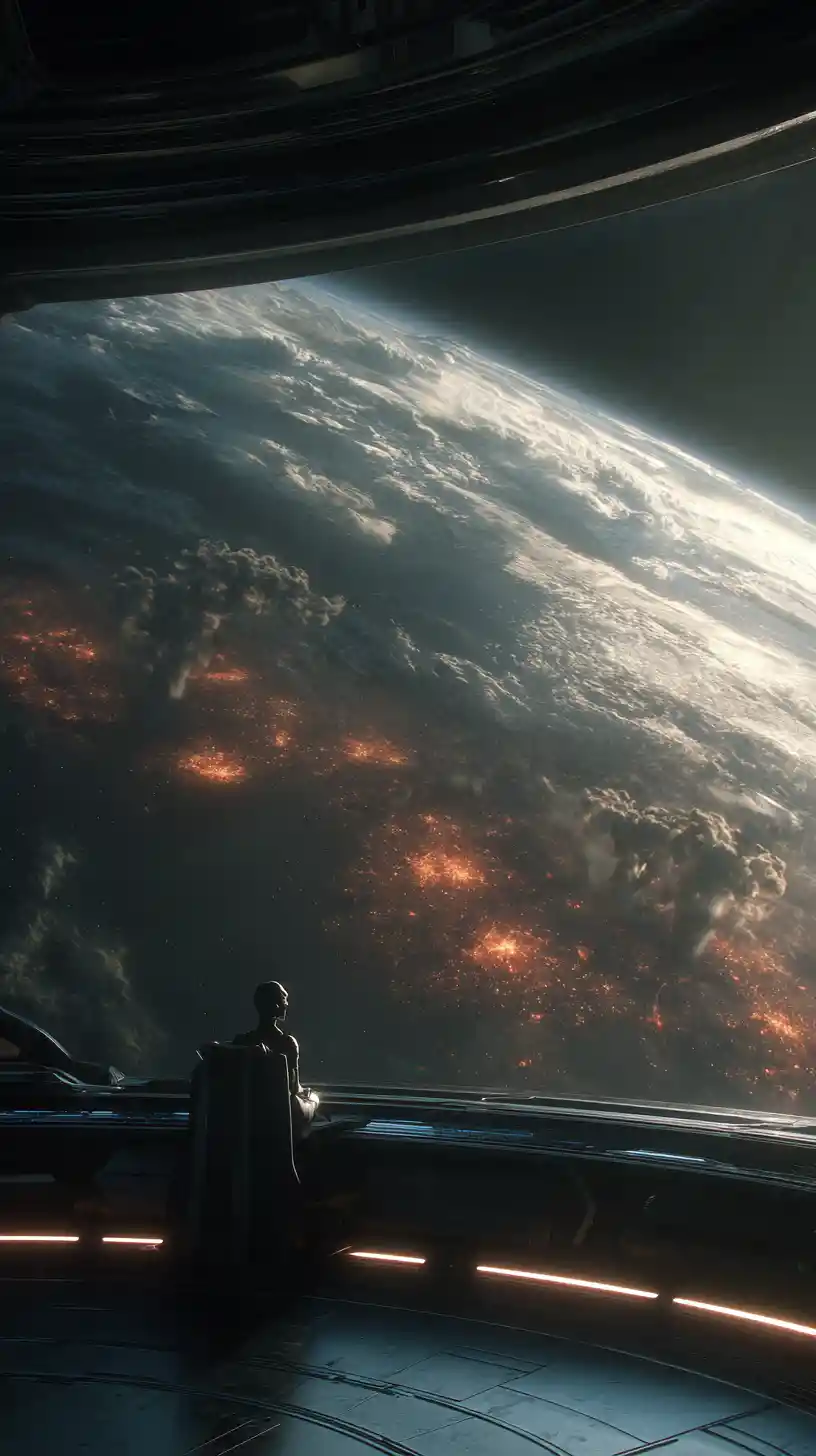 Alien watching devastated earth from dark spacecraft cockpit