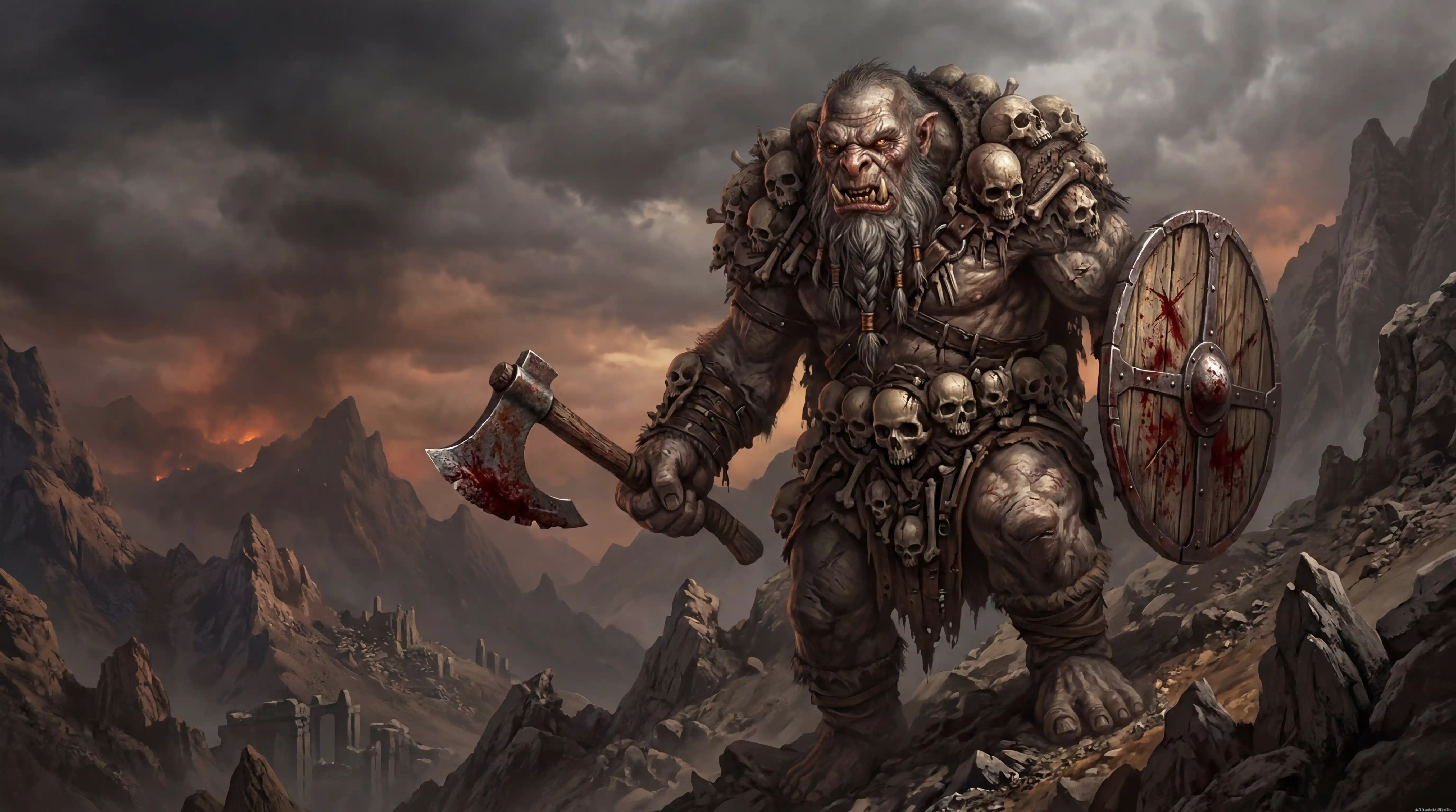 Troll gigante descendo a montanha com armas ensanguentadas