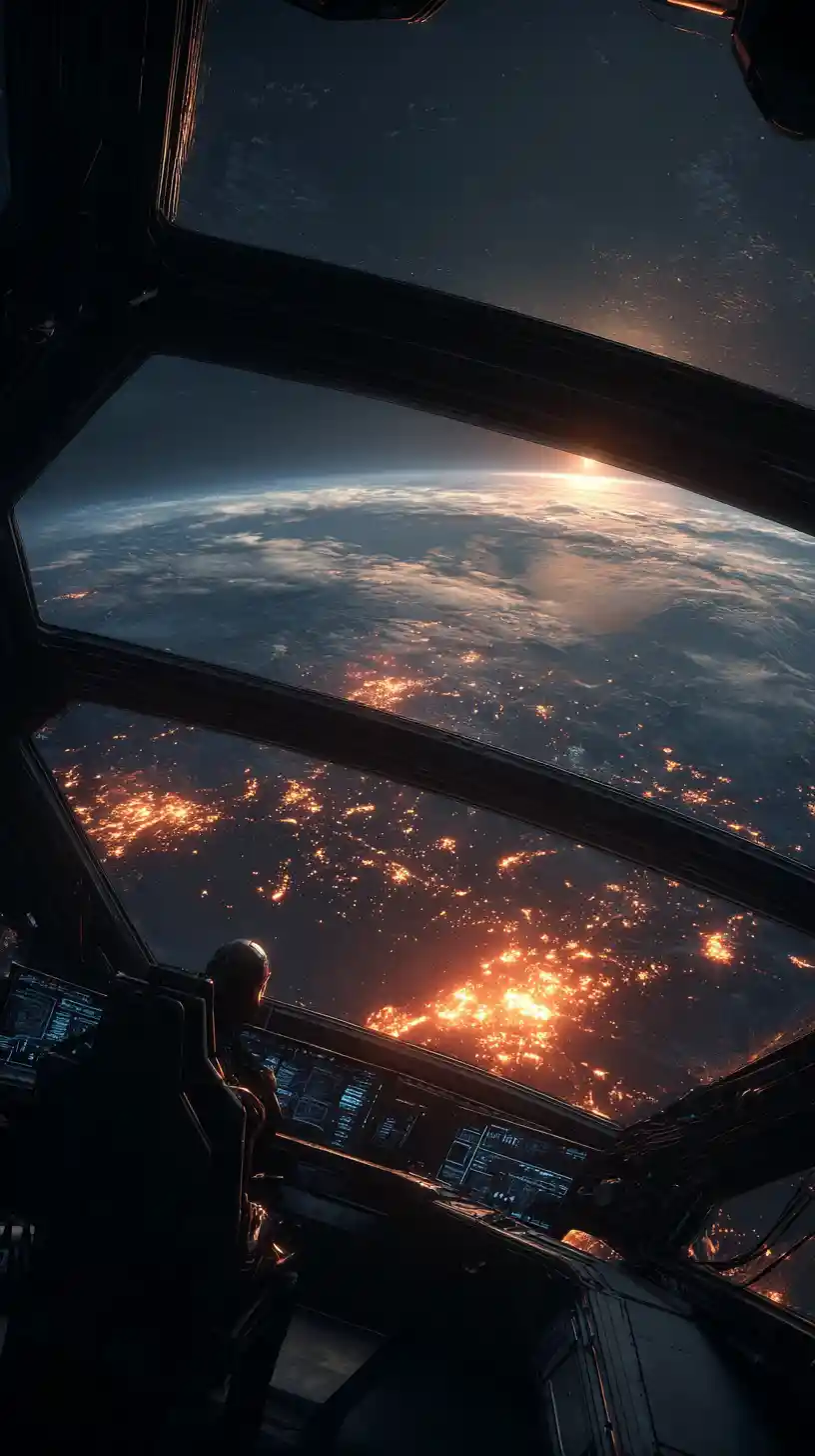 暗い宇宙船の窓から荒廃した地球を見つめるエイリアン