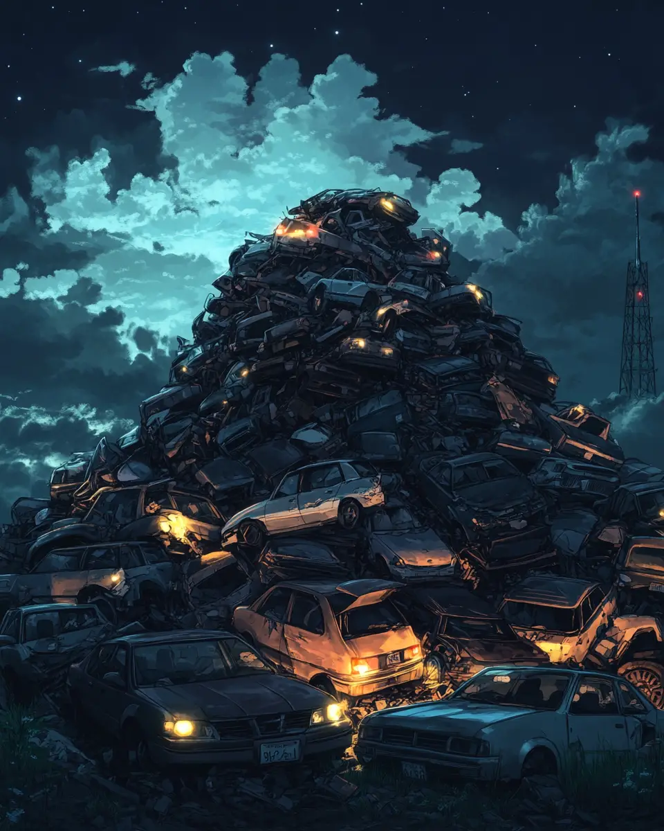 Anime-Illustration eines nächtlichen Schrottplatzes mit leuchtenden Autoscheinwerfern