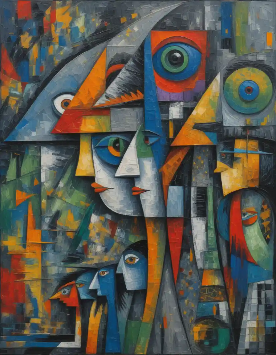 Pintura cubista abstrata de rostos humanos fragmentados e sobrepostos