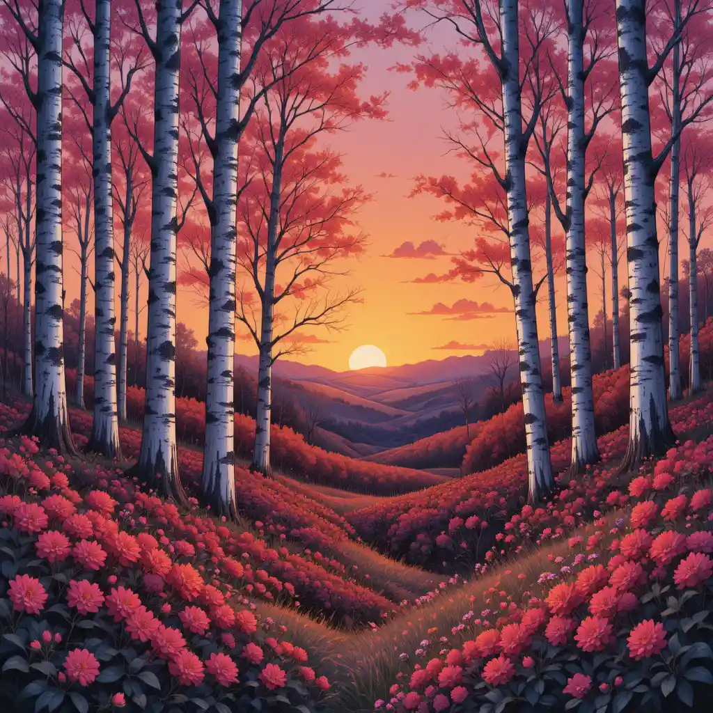 Spring birch forest at sunset with glowing mimosa flowers