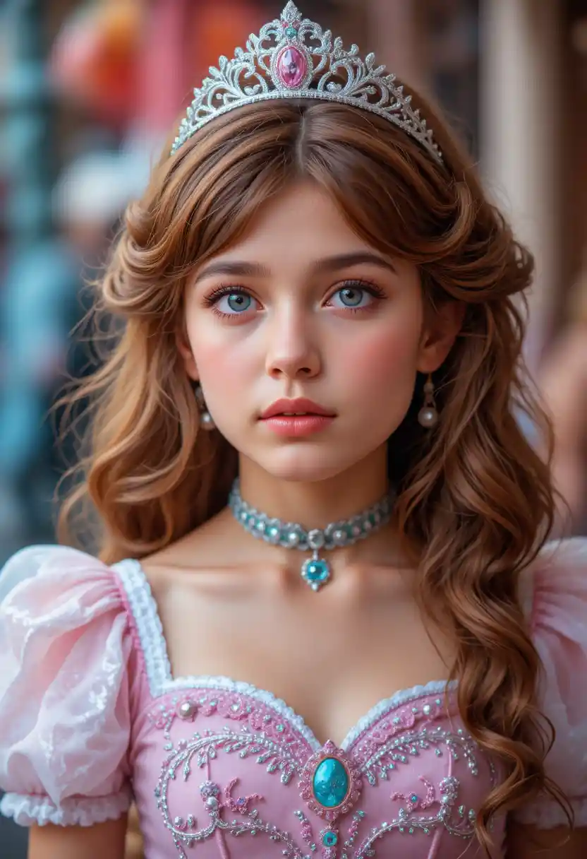 Young boy in princess dress at a busy theme park