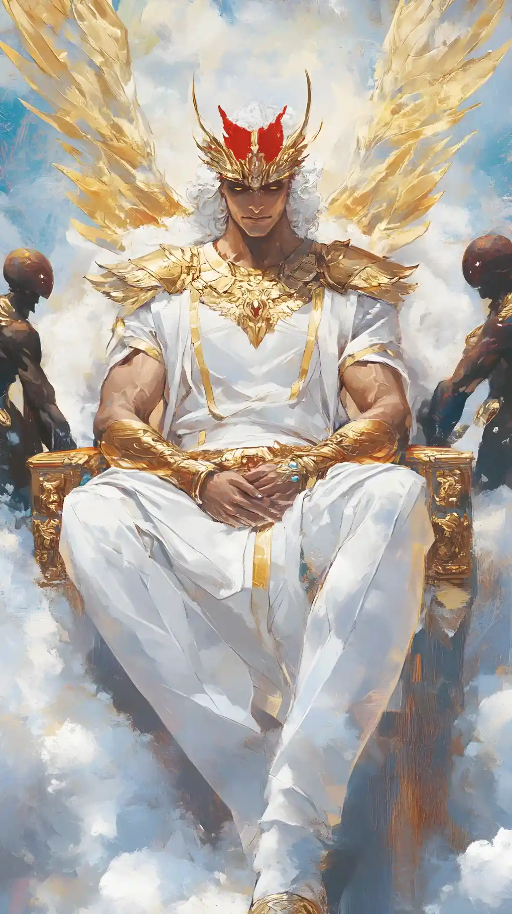 Young god enthroned amid radiant celestial clouds