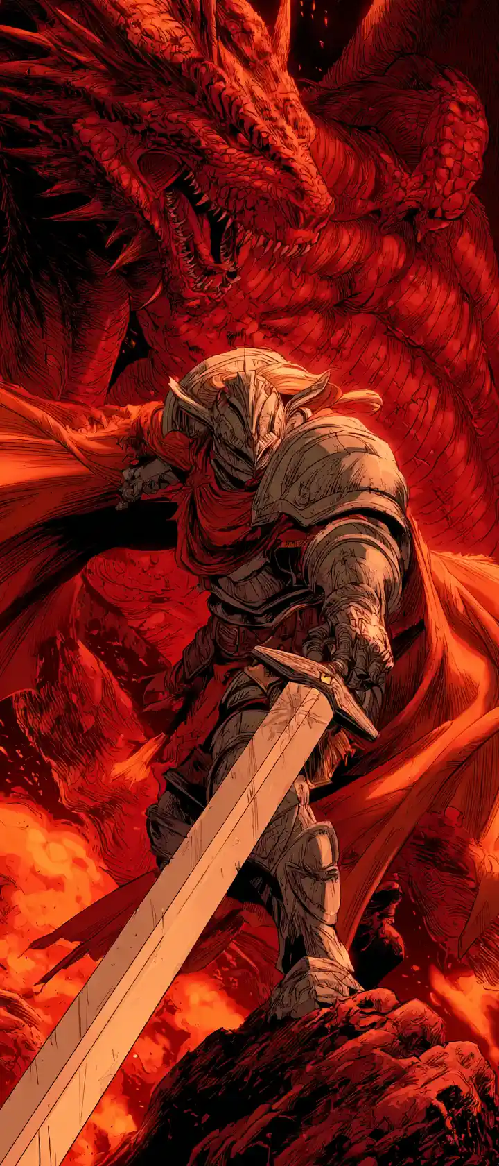 Mythic anime dragon knight charging with raised sword