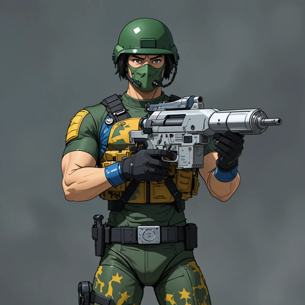 Soldado de anime com armadura verde e blaster de laser futurista