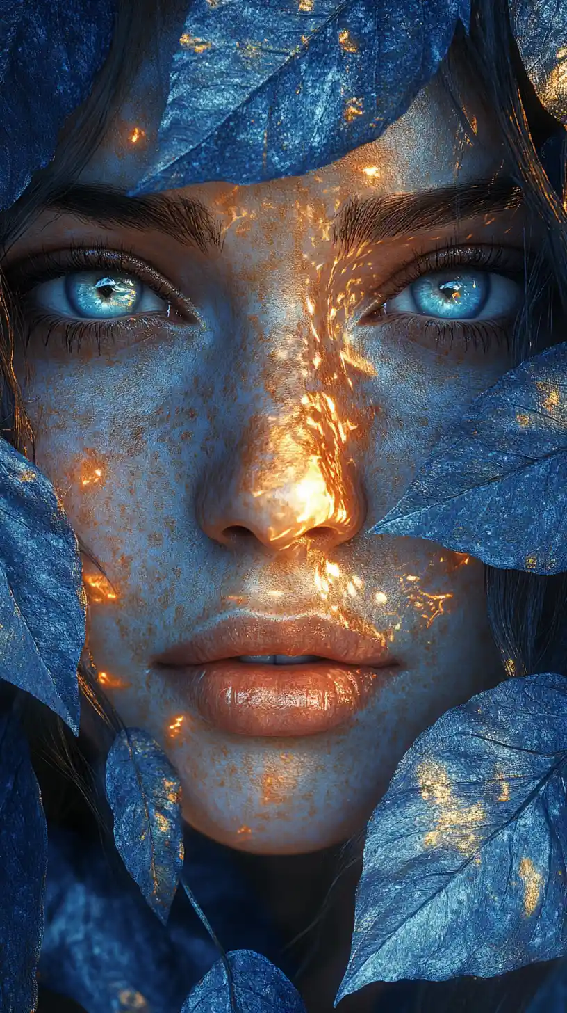 Mystical woman framed by blue leaves and golden light