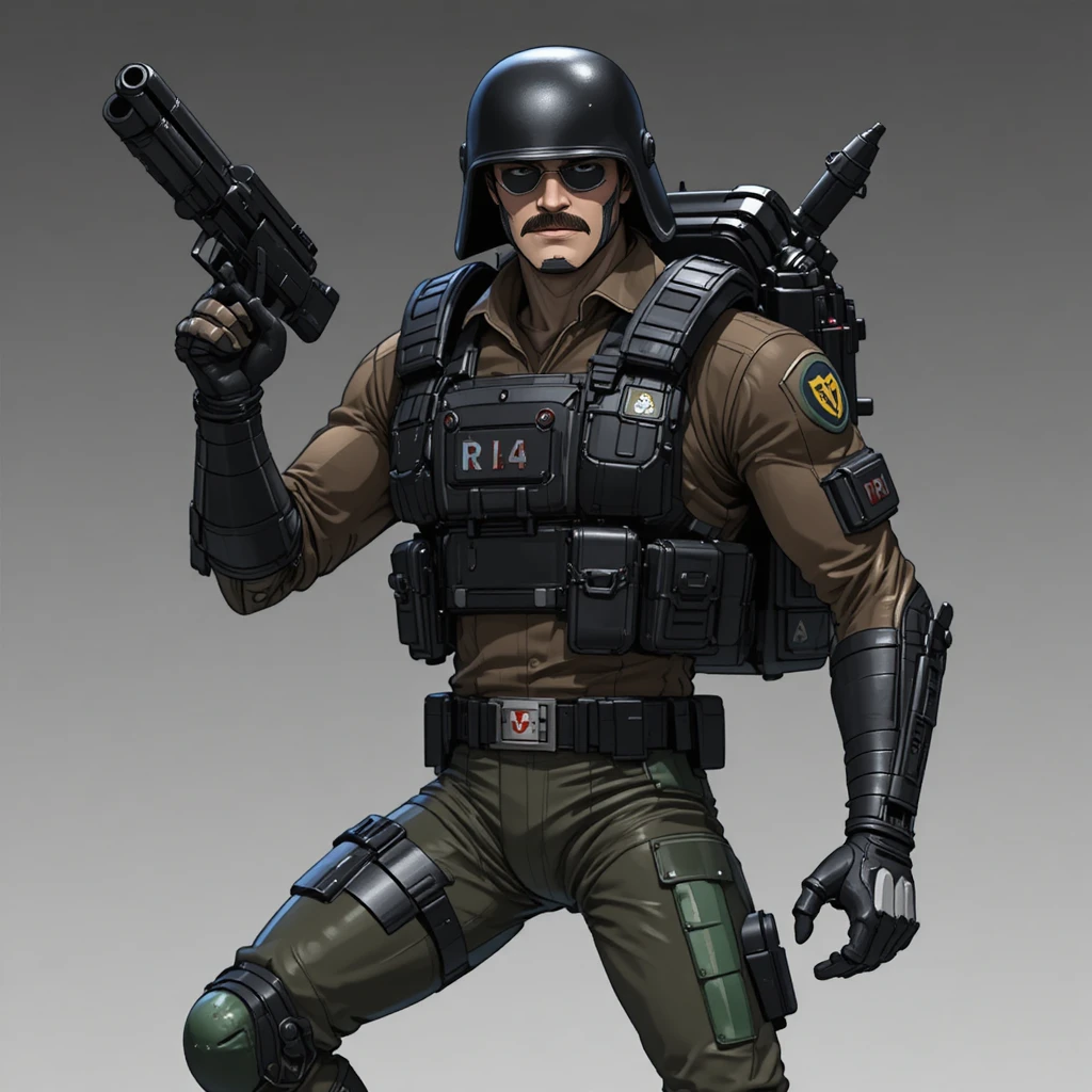 Retrato de soldado de anime com tapa-olho, capacete e braço biônico
