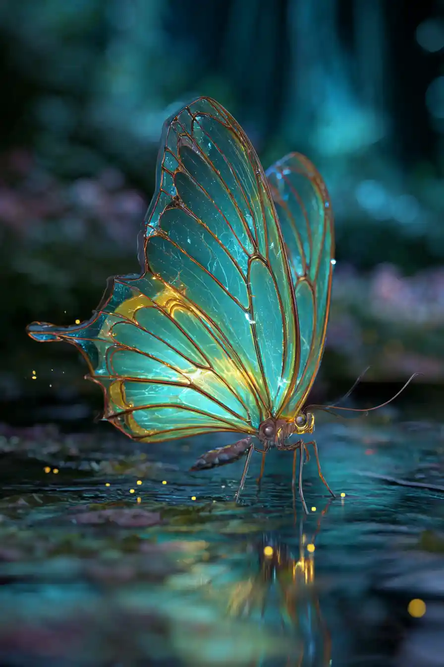 Papillon magique lumineux sur l’eau réfléchissante au crépuscule