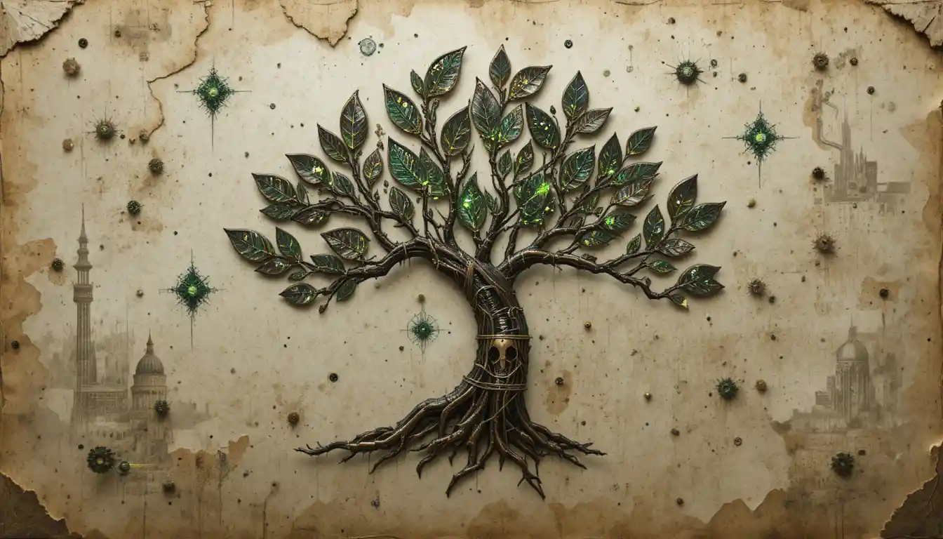 Aged parchment revealing glowing green circuit circuitry