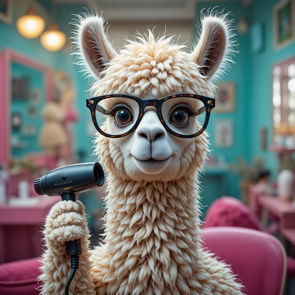 Alpaca com óculos gigantes em salão colorido