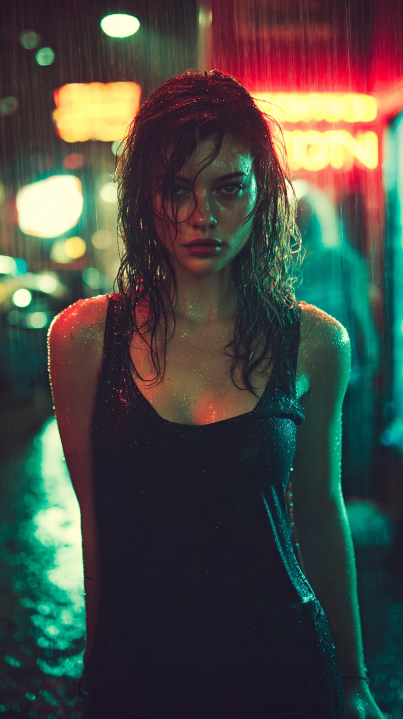 Young woman in neon lit rainy alley with intense gaze