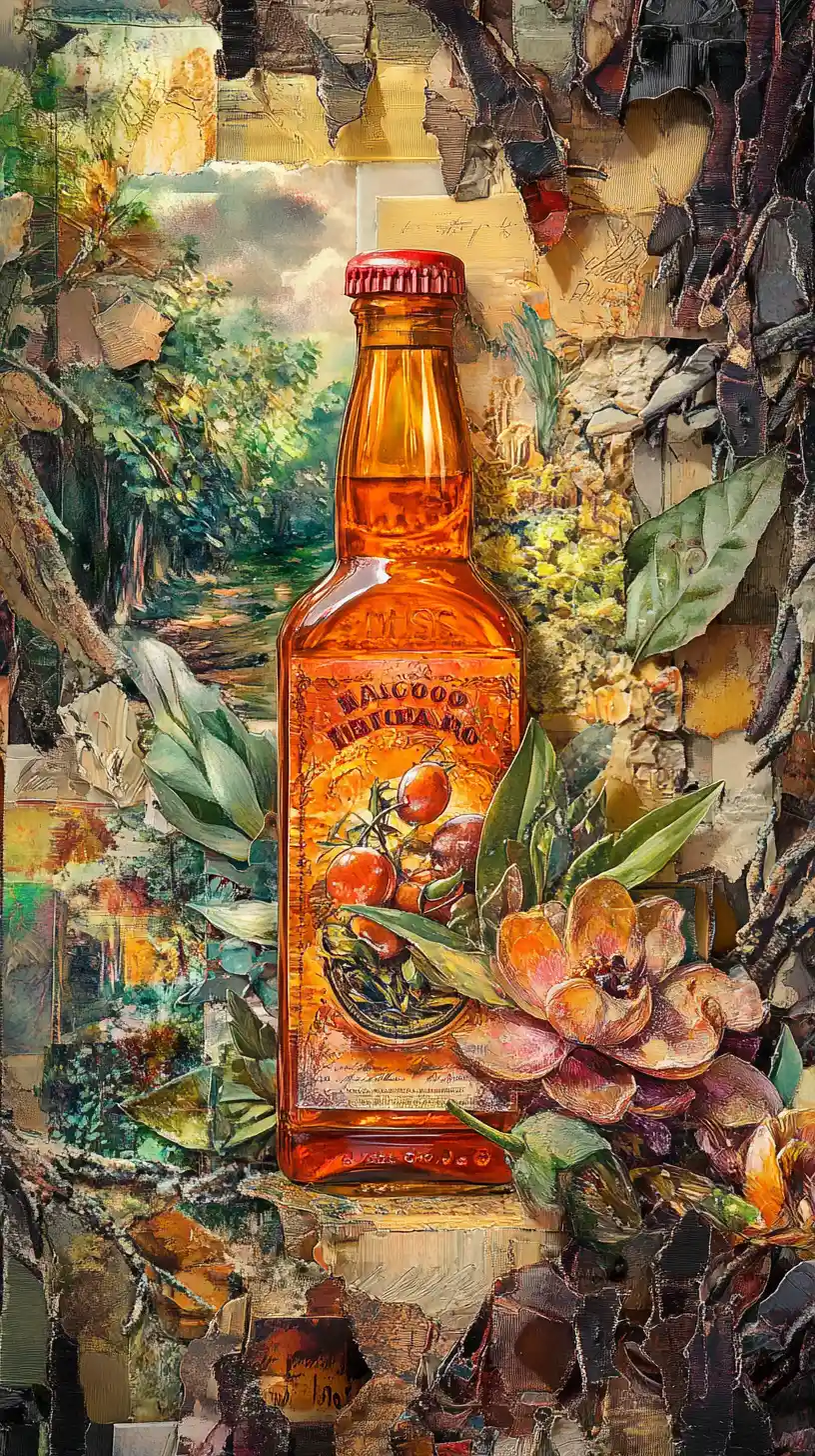 Vintage-Collage tanzender Soßenflaschen im nächtlichen Wald