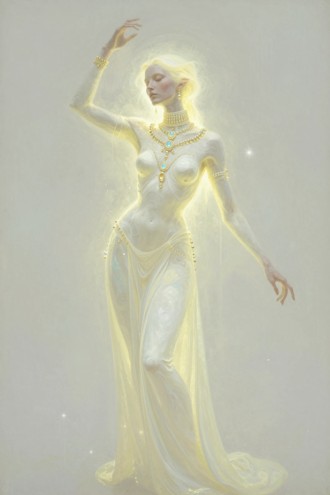 Surreal portrait of an alien woman in glowing starlight tunic