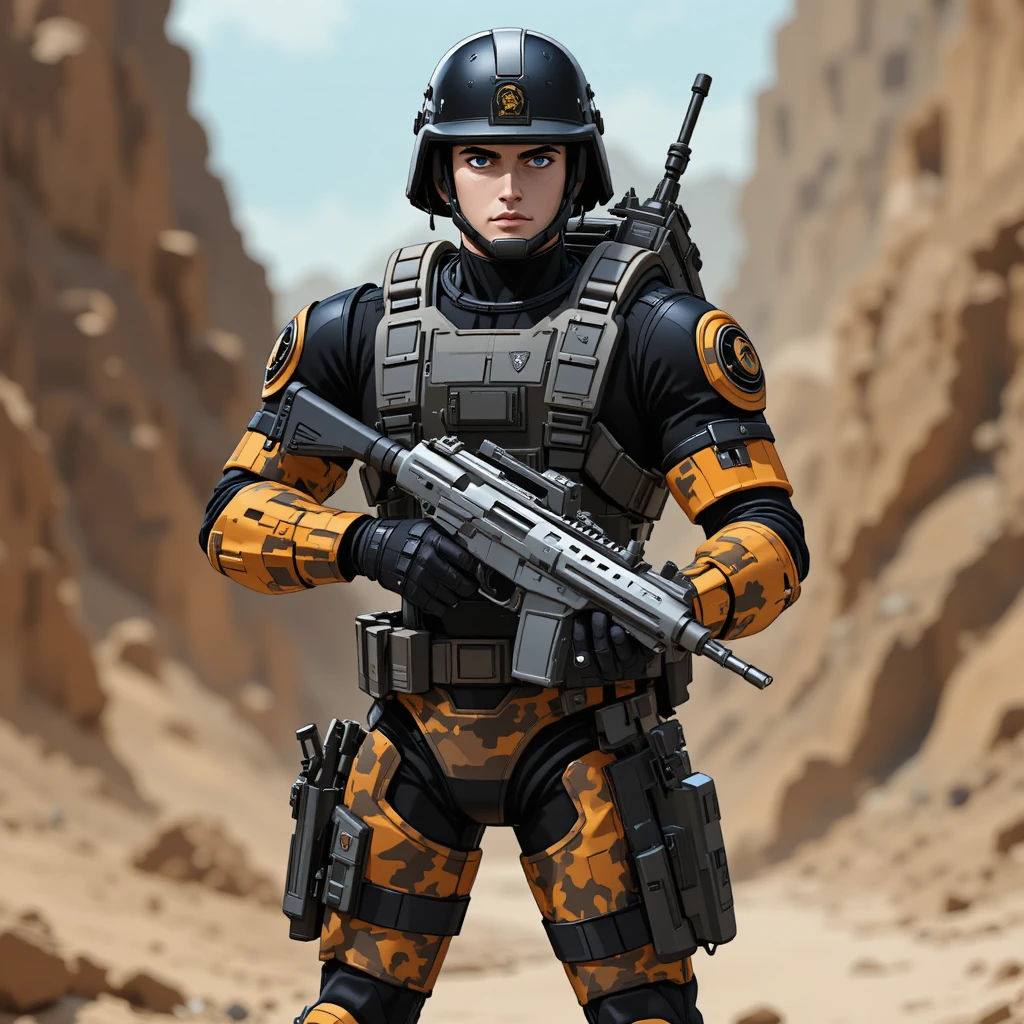 Anime soldier in black armor with orange camouflage gear
