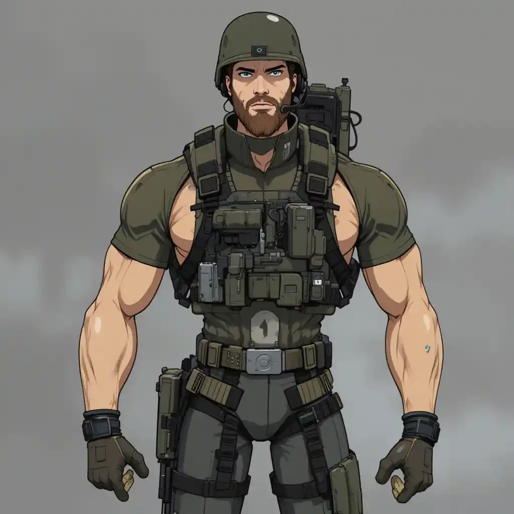 Sargento de exército em anime com headset e equipamento tático