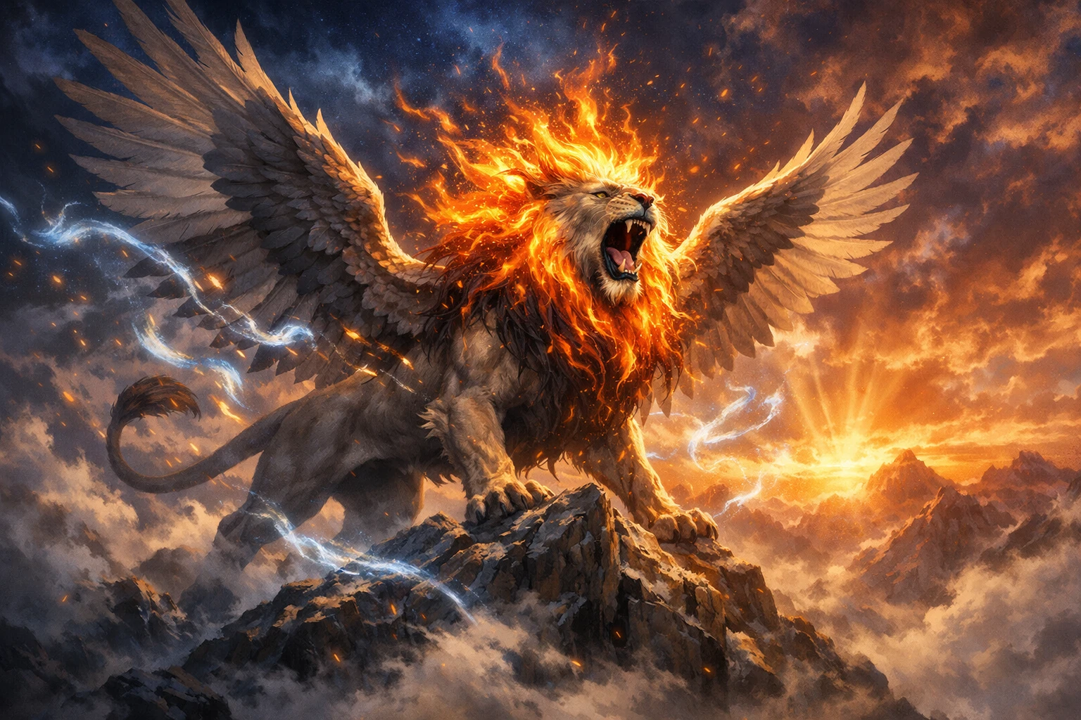 Majestoso leão alado erguendo-se sobre um pico de montanha enevoado