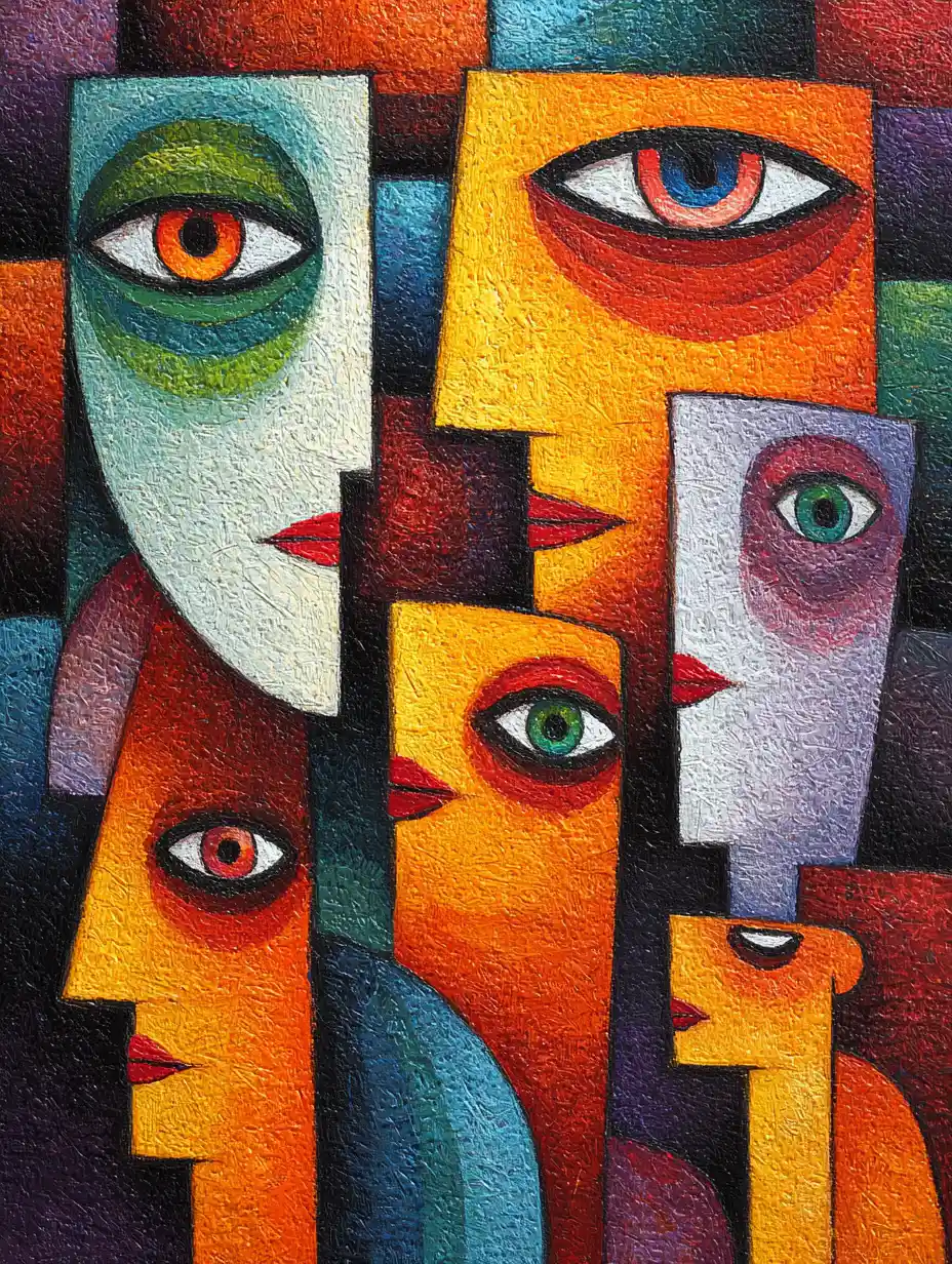 Cubist surreal group portrait with fragmented staring faces