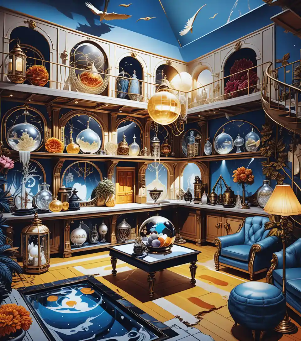 奇幻雙層商人房屋室內 3D 插畫
