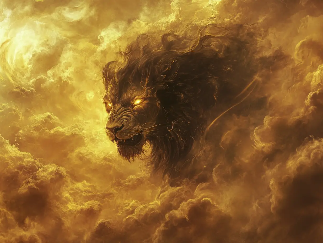 Mystischer schwarzer Löwe aus goldenen Sturmwolken