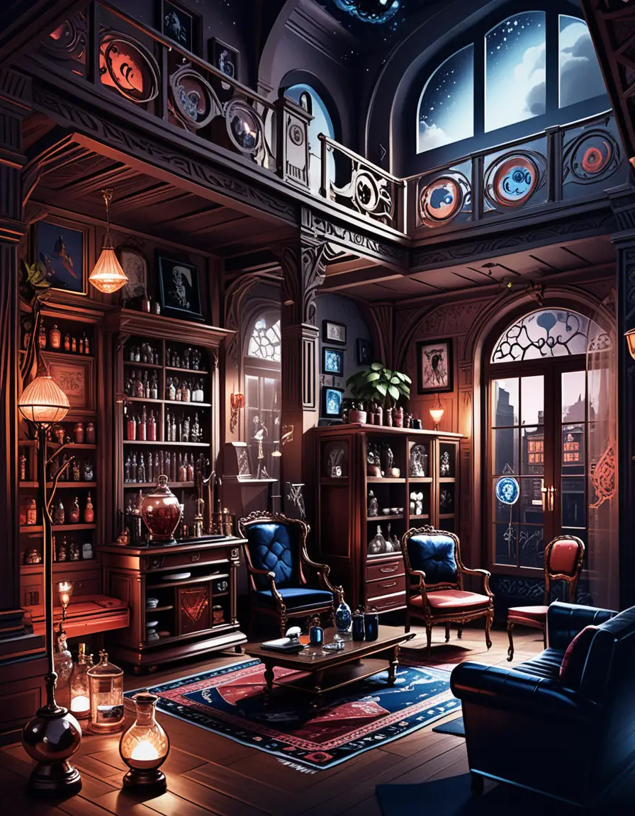Intérieur en coupe d’une maison de marchand fantastique à deux étages