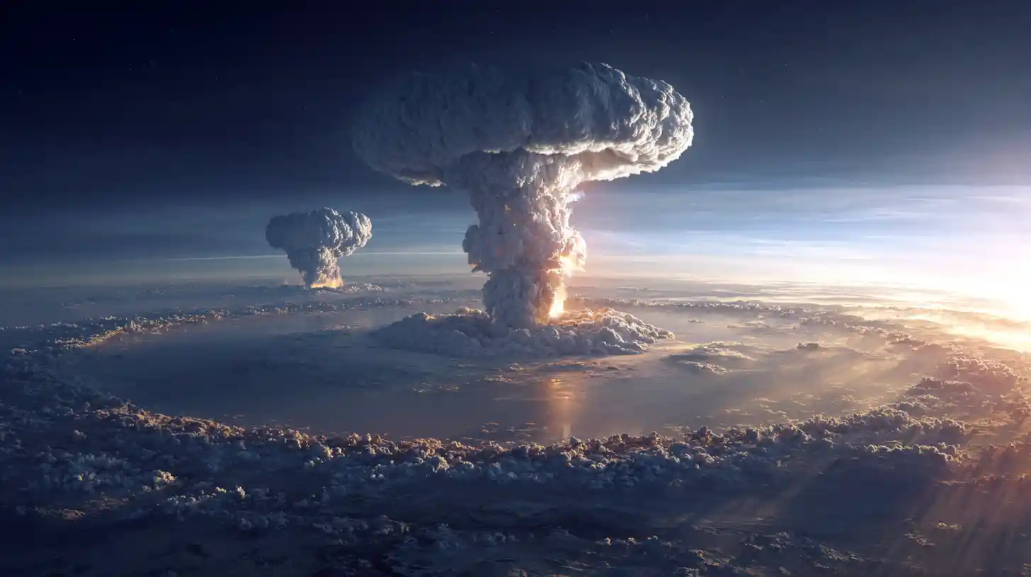 Aliens observando una vista panorámica de la guerra nuclear en la Tierra