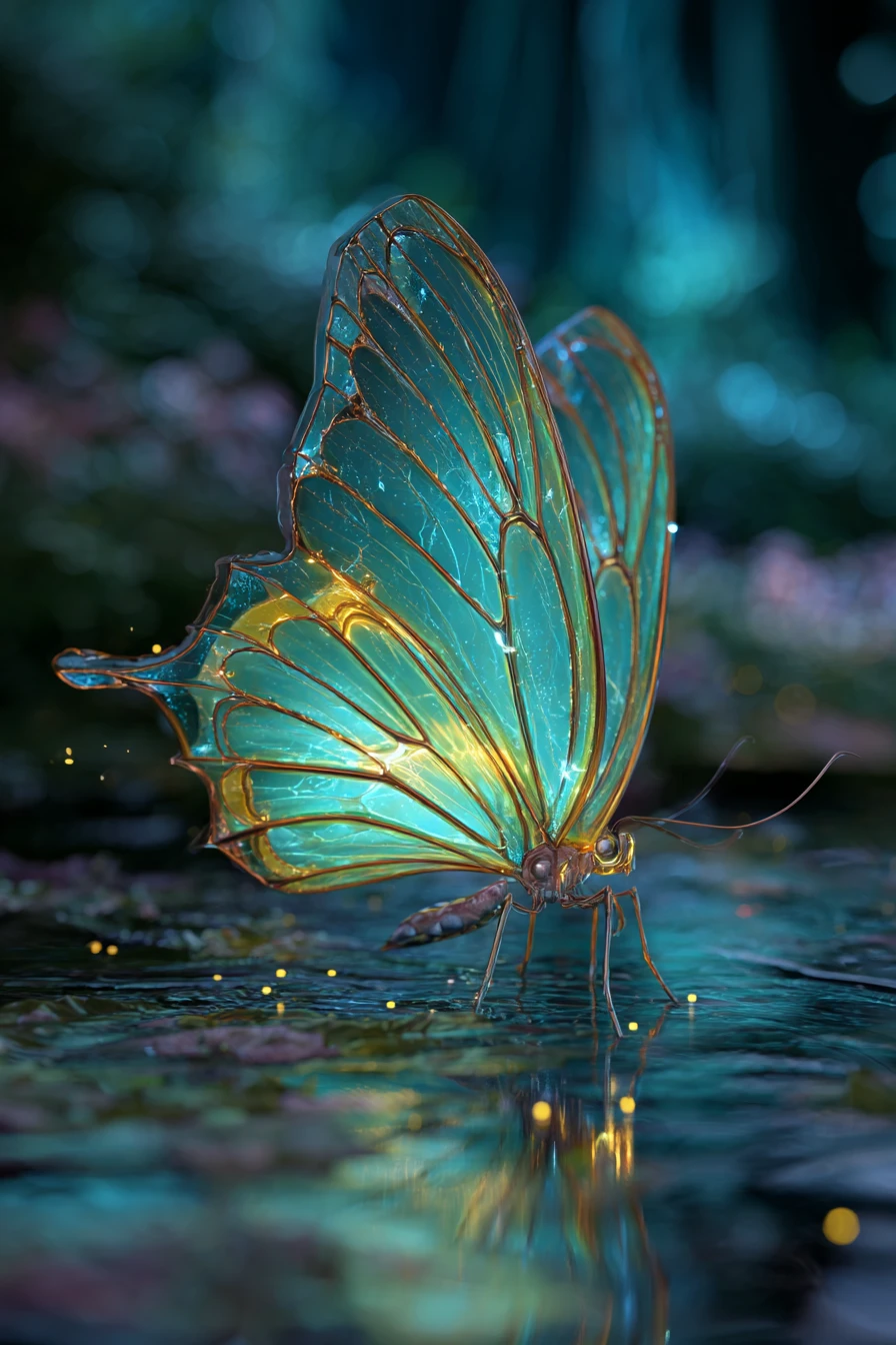 Glowing magical butterfly resting on reflective dusk water