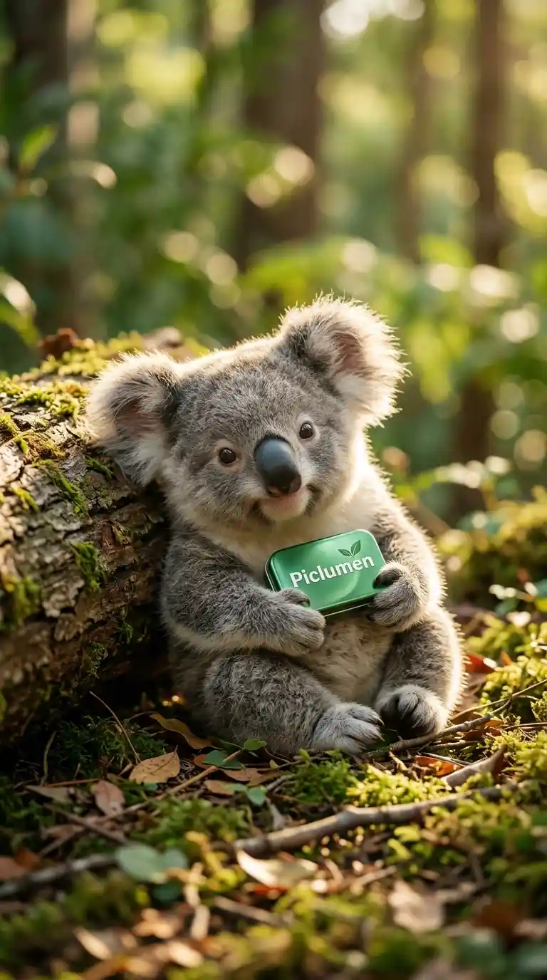 Baby koala holding tin in soft forest light