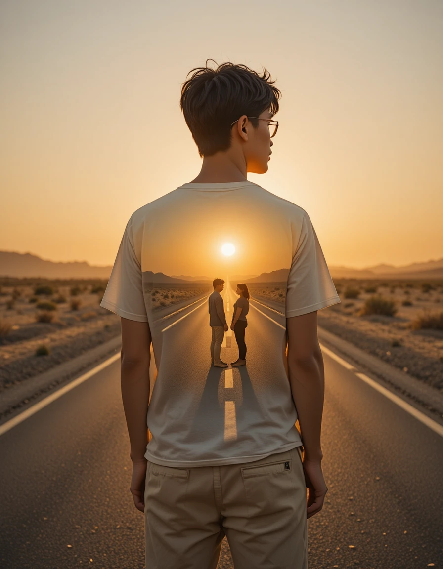 Uomo in piedi su un’autostrada nel deserto al caldo tramonto