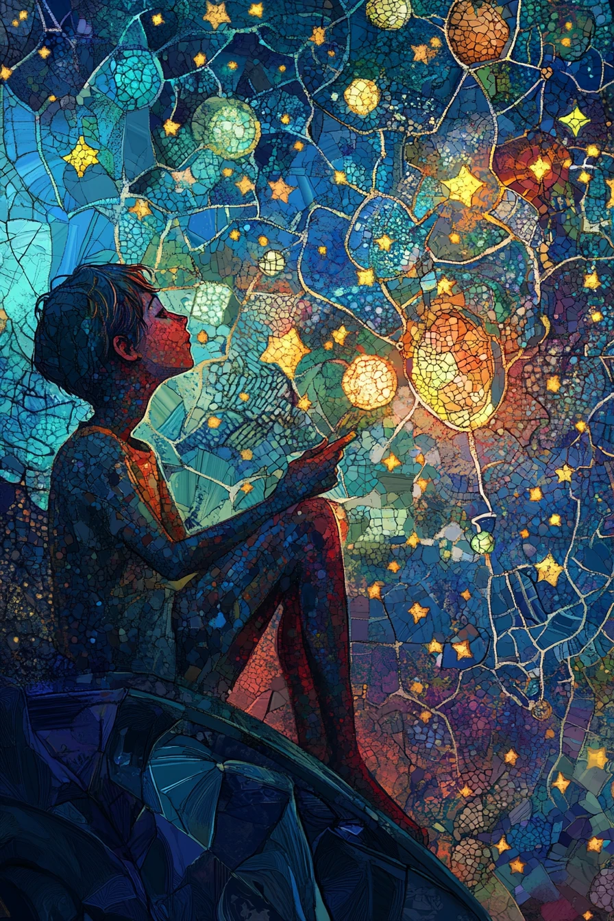 Viaggiatore con una lanterna luminosa su un mare fantastico sotto le stelle