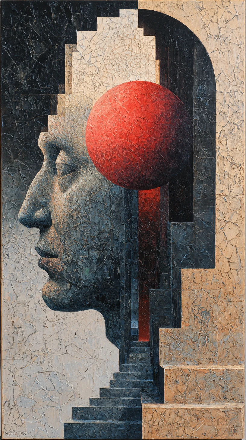 Abstract expressionist painting of a geometric stylized face
