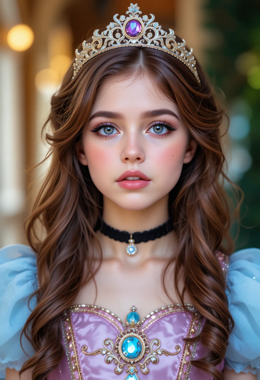 Garçon préadolescent nerveux en robe de princesse dans un parc à thème