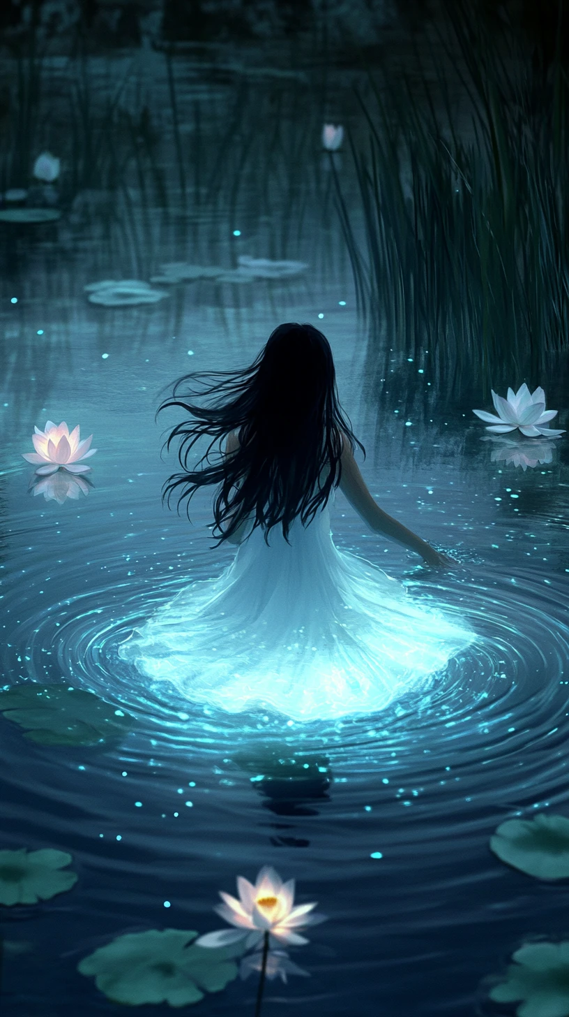 Young girl glowing in a moonlit pond with lotus flowers
