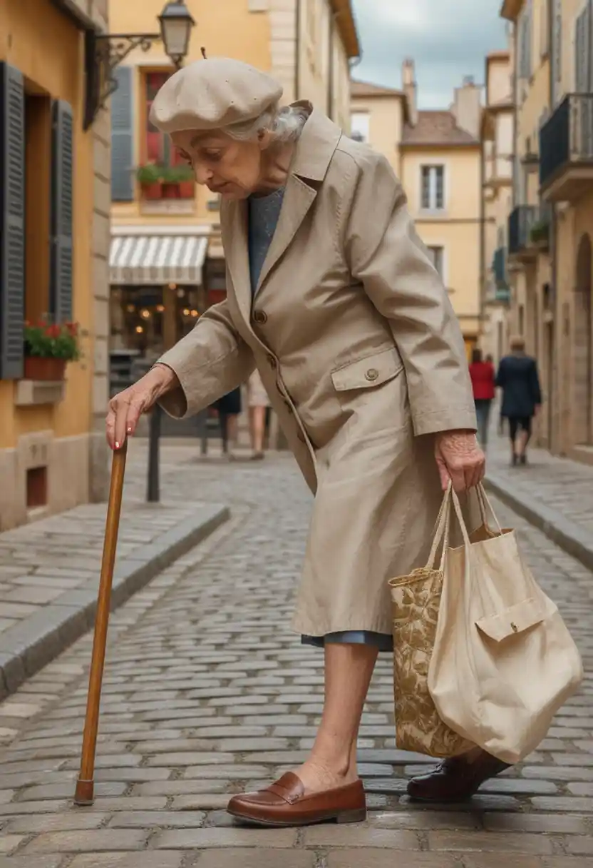 Anciana caminando con bastón por una calle francesa soleada