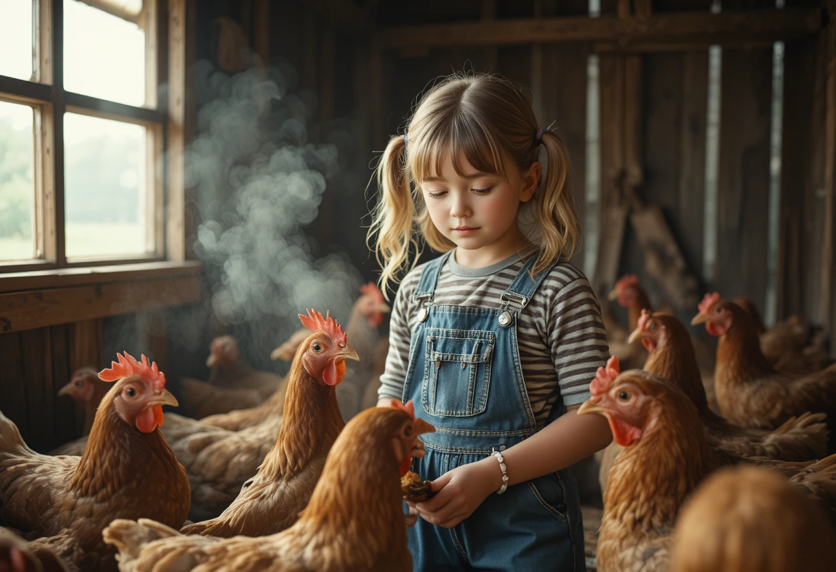 Bambina che dà da mangiare alle galline in un pollaio rustico di legno