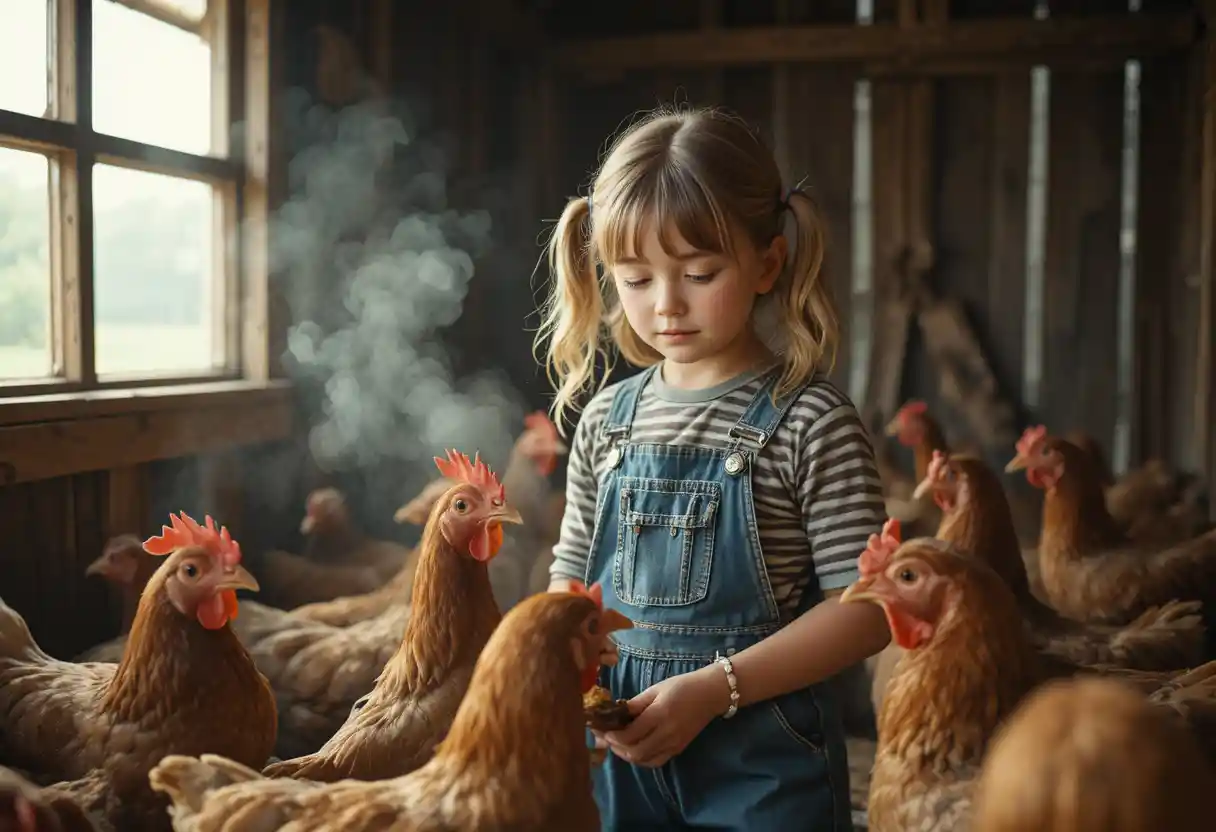 Bambina che dà da mangiare alle galline in un pollaio rustico di legno