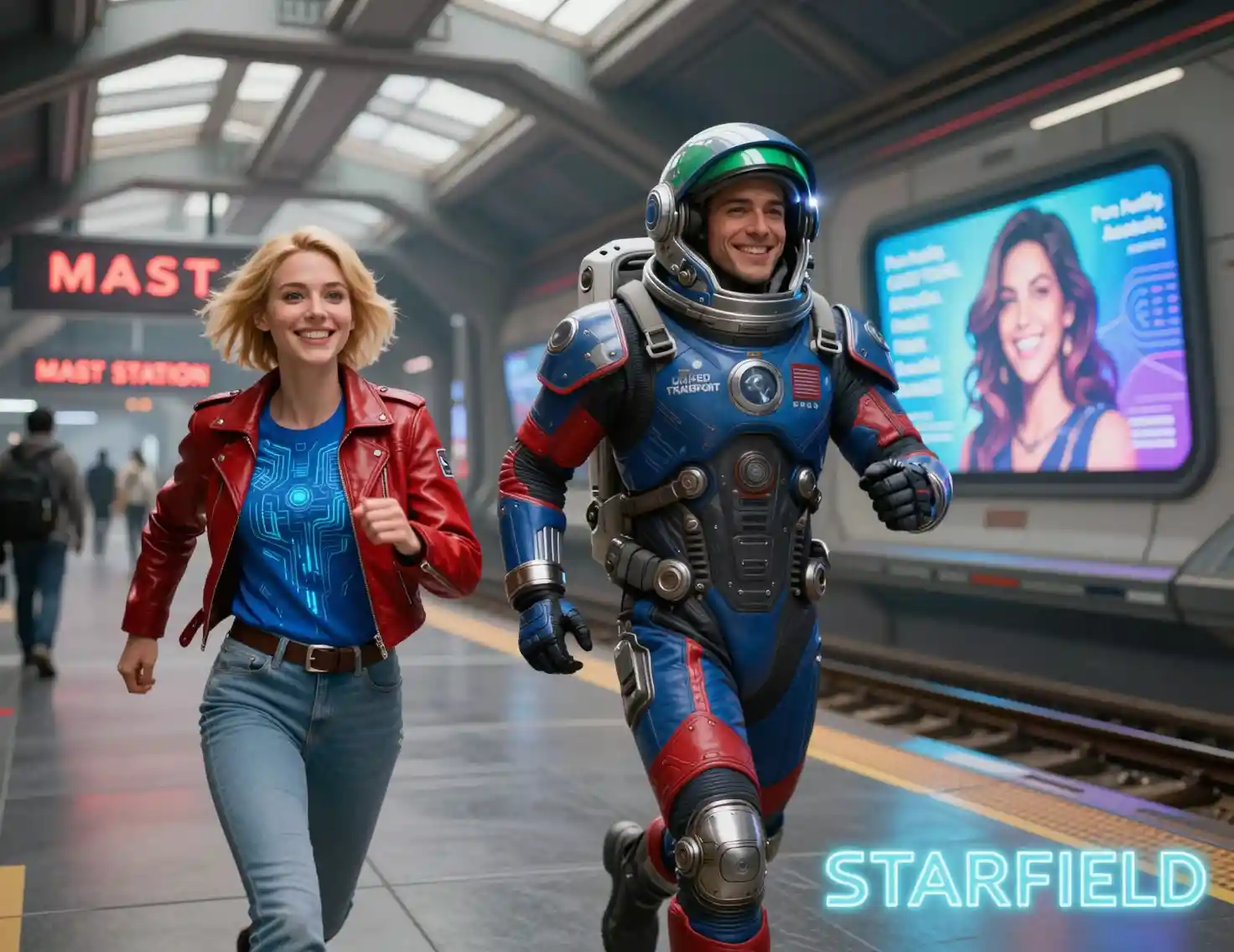 Smiling woman running through futuristic neon train station
