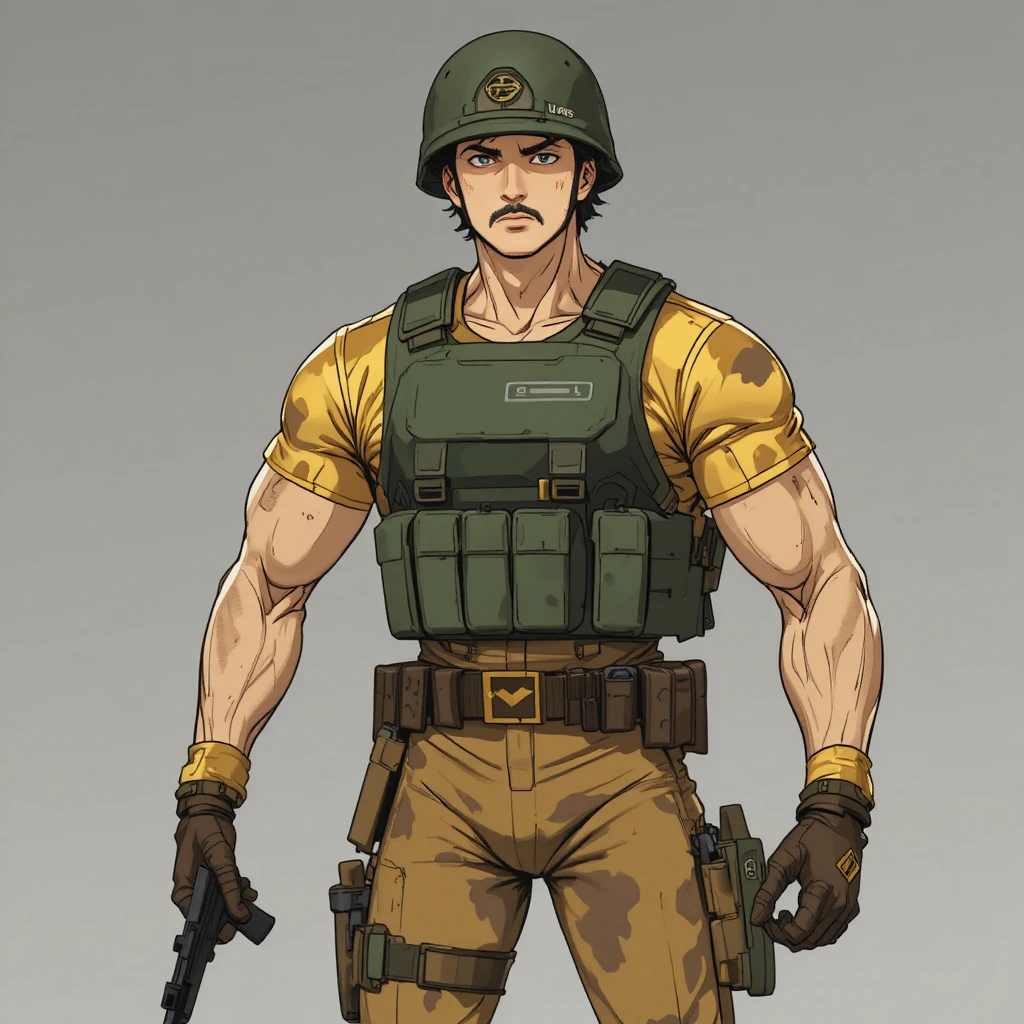 戦術ベストと斑点迷彩制服を着たアニメ風軍隊隊長