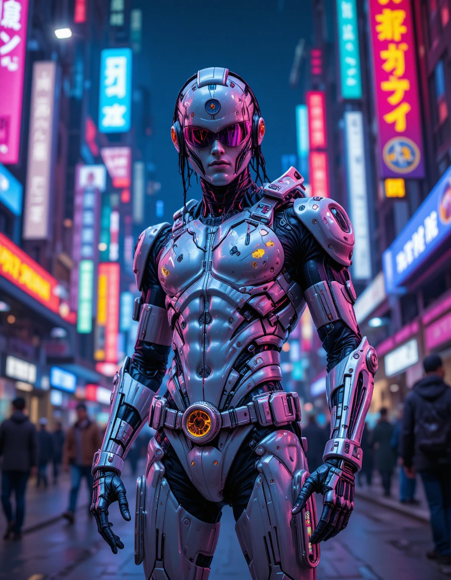 Homem ciborgue posando em uma rua futurista de metrópole cyberpunk