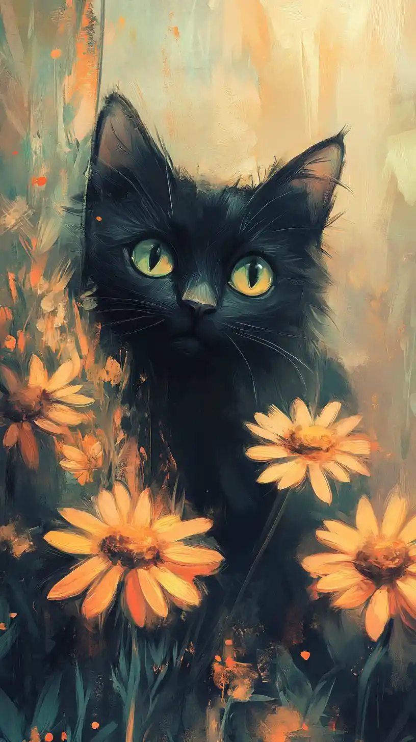 Schwarze Katze lugt zwischen Gänseblümchen in weicher Aquarellszene hervor